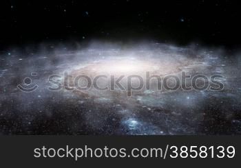 Rising from eye level to a high angle view of a spinning spiral galaxy with thousands of stars.See my portfolio for more quality space animations. Texture maps and space images courtesy of NASA (www.nasa.gov)