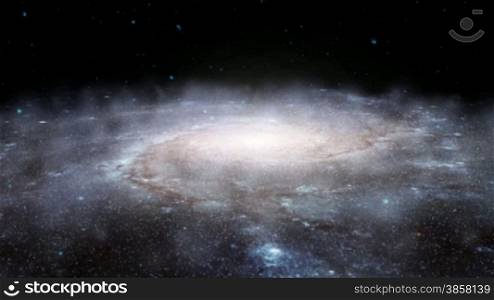 Rising from eye level to a high angle view of a spinning spiral galaxy with thousands of stars.See my portfolio for more quality space animations. Texture maps and space images courtesy of NASA (www.nasa.gov)