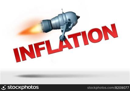 Rising inflation as a rise of food cost and grocery prices surging costs of energy and fuel as an inflationary financial crisis concept as a rocket speeding up with ttext with 3D render elements.
