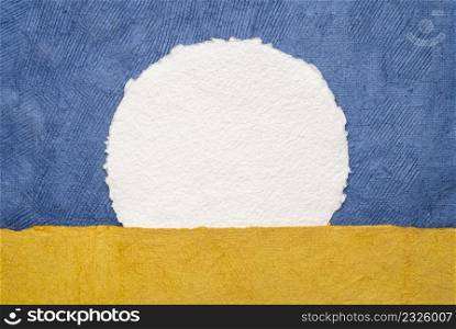 rising sun against blue and yellow Ukrainian flag - handmade paper abstract with copy space, hope for Ukraine concept