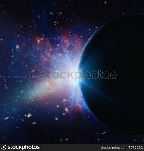 Rising sun under the Earth planet, abstract backgrounds. NASA imagery used