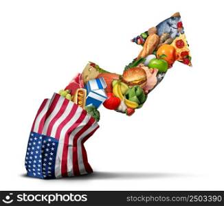 Rising US food prices and surging cost of American groceries as an inflation financial crisis concept and the rise of meal costs as milk meat and eggs coming out of a United States paper bag with 3D render elements.