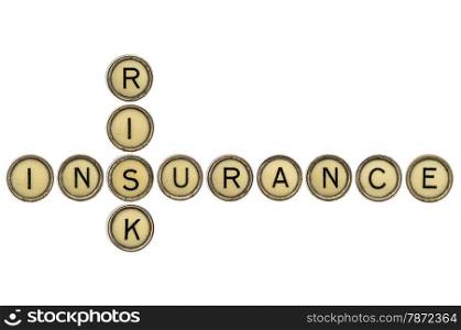 risk and insurance crossword in old round typewriter keys isolated on white