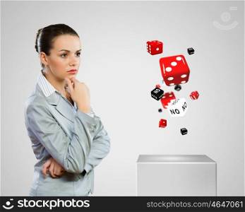 Risk in business. Image of thoughtful businesswoman looking for answer