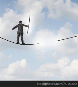 Risk management solutions business metaphor as a businessman walking on a tight rope or highwire holding the missing piece of rope to complete the journey ahead as a business leadership concept of adapting to change for success.