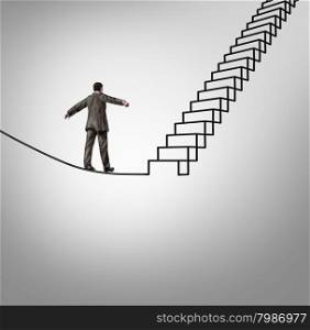 Risk opportunity and danger management business concept with a businessman balancing on a tightrope shaped as upward stairs or stairway as a financial career metaphor for overcoming difficult challenges and reducing uncertainty.