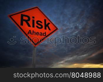 Risk warning road sign with storm background