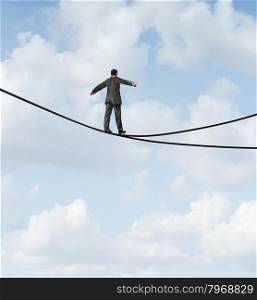 Risky choice business concept with a man walking a dangerous high wire tightrope that is in a crossroads splitting into two opposite directions as a symbol of strategy dilemma deciding on the best path.