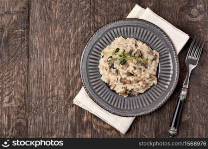 Risotto with porcini mushroom on wooden table. Mushroom risotto on plate, close up view