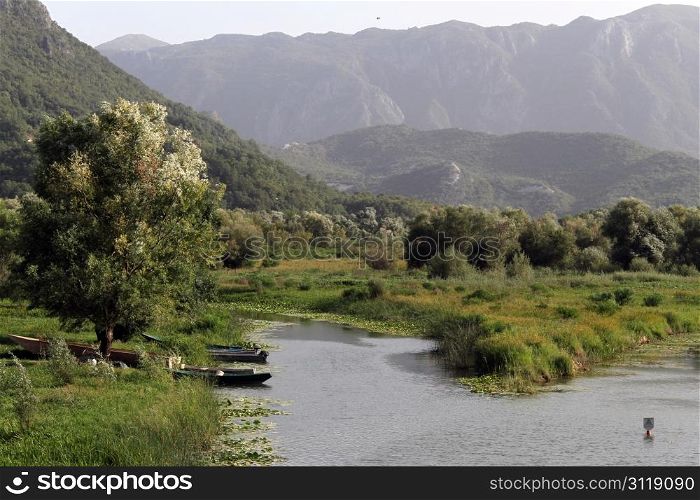 River and boats in Virpazar, lake Skadar, Montenegro