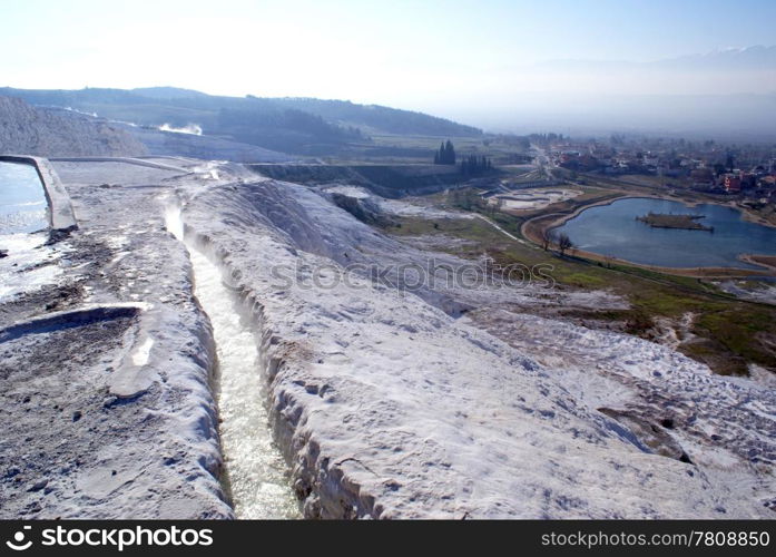 River and mountain with lake in Pamukkale,Turkey