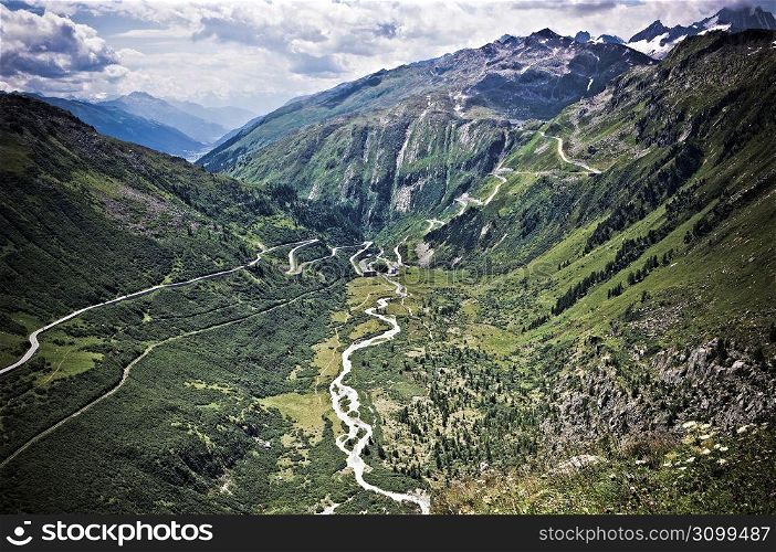 River and roads in remote mountain valley