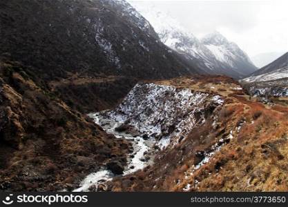 River and snow mountain near Samdo in Nepal