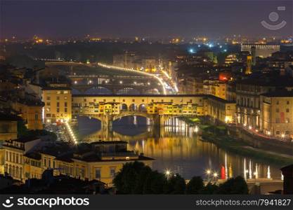 River Arno and famous bridge Ponte Vecchio at night from Piazzale Michelangelo in Florence, Tuscany, Italy