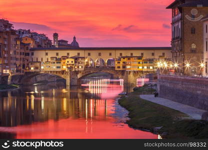 River Arno and Ponte Vecchio in Florence, Italy. River Arno and famous bridge Ponte Vecchio at gorgeous sunset in Florence, Tuscany, Italy