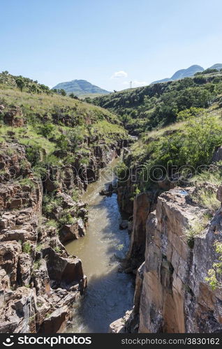 river at the bourkes potholes in south africa near the panoramaroute with big canyon and waterfalls