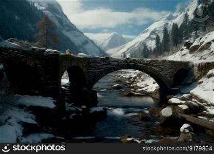 River bridge stone. Snow landscape. Generate Ai. River bridge stone. Generate Ai