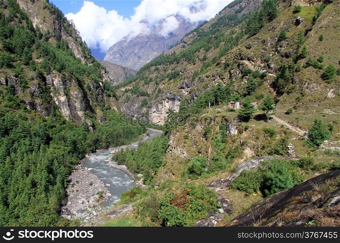 River Budhi Gandaki Nadi in mountain Nepal