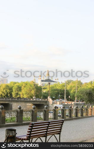 River Embankment at Sun Light. the Church Can be Seen in the Distance.. River Embankment