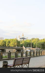 River Embankment at Sun Light. the Church Can be Seen in the Distance.. River Embankment