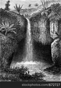 River Falls in Tondano, vintage engraved illustration. Le Tour du Monde, Travel Journal, (1872).