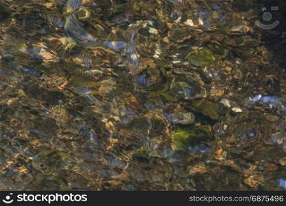River floor, texture. Pebbles underwater in sunlight.
