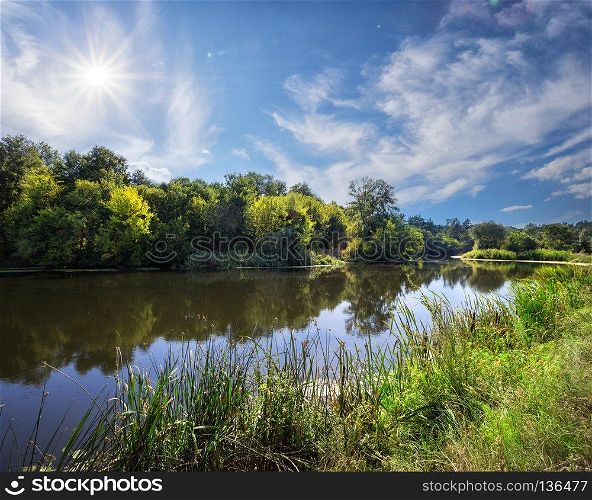 River flowing among green trees under a blue sky. River flowing among green trees