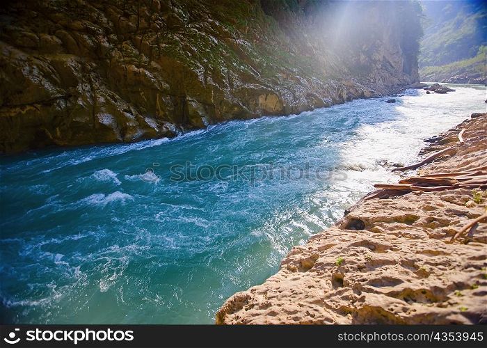 River flowing through mountains, Tamul Waterfall, Aquismon, San Luis Potosi, Mexico