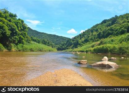 River in deep forest, river in evergreen forest in Thailand