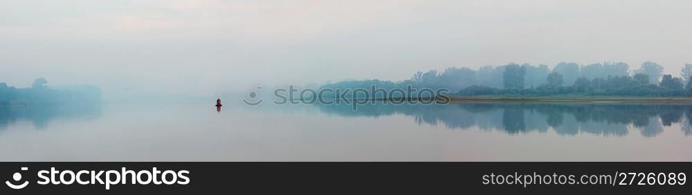 river in fog - morning panorama landscape