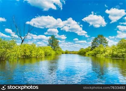 River landscape and green forest with trees blue water clouds on sky