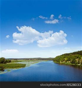 River landscape nature background. River landscape and clear beautiful sky nature background. River landscape nature background
