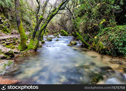 River Majaceite between the towns of El Bosque and Benamahoma on the province of Cadiz, Spain. River Majaceite