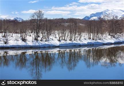 River, volcano, snow-covered forest and blue sky in early spring