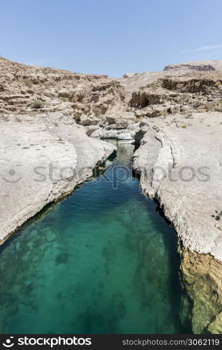 River (with turquoise water) and pool in the canyon of Wadi Bani Khalid, a tourist attraction and famous destination of the Sultanate of Oman, Middle East. River and pool in the canyon of Wadi Bani Khalid, Oman
