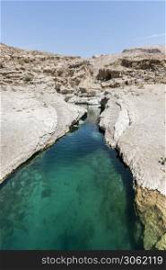 River (with turquoise water) and pool in the canyon of Wadi Bani Khalid, a tourist attraction and famous destination of the Sultanate of Oman, Middle East. River and pool in the canyon of Wadi Bani Khalid, Oman
