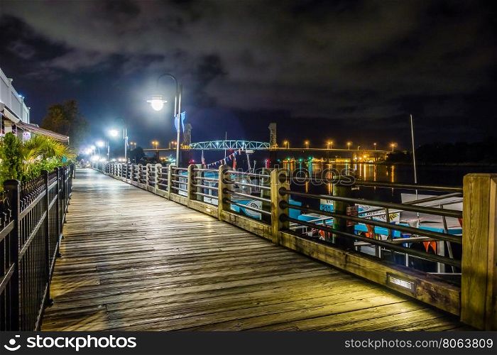riverfront board walk scenes in wilmington nc at night