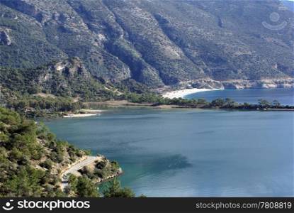 Road and mountain in Oludeniz bay near Fethie, Turkey