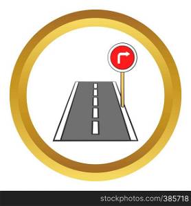 Road and red road sign pointing right vector icon in golden circle, cartoon style isolated on white background. Road and red road sign pointing right vector icon