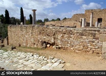 Road and ruins of old roman villas in Carthage, Tunisia