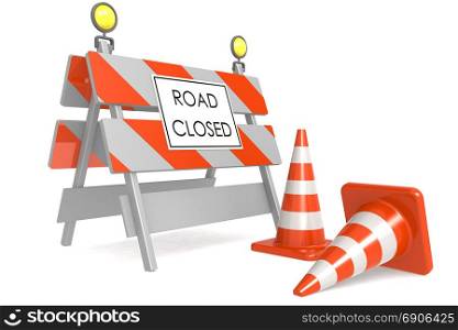 Road closed sign with traffic cones, 3D rendering