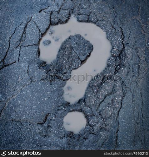 Road construction concept and city maintenance of infrastructure symbol as broken pavement or asphalt shaped as a question mark pot hole or damaged street as an icon for highway safety questions.