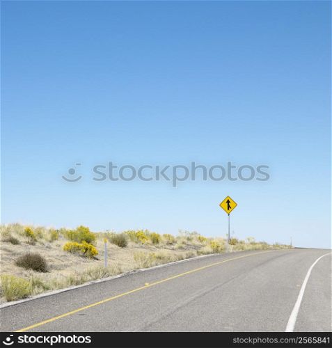 Road disappearing into horizon with merge road sign.