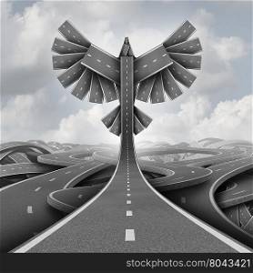 Road freedom concept as a group of highway paths grouped together shaped as flying bird wings as a business or life motivation success symbol of ascending upward breaking out of confusion towards opportunity as a 3D illustration.