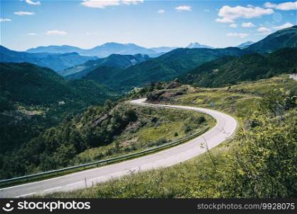 Road in a curvy mountain viewed from above with perspective. catalonia, spain