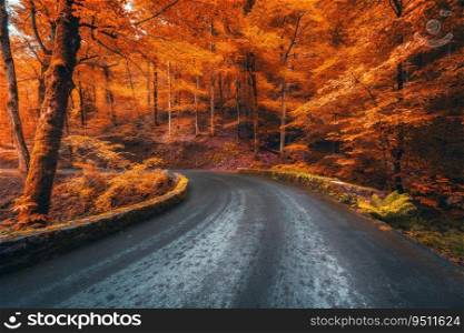 Road in beautiful red forest at sunrise in autumn in Plitvice lakes, Croatia. Beautiful mountain roadway, trees with orange leaves. Landscape with empty highway through the woods in fall. Nature