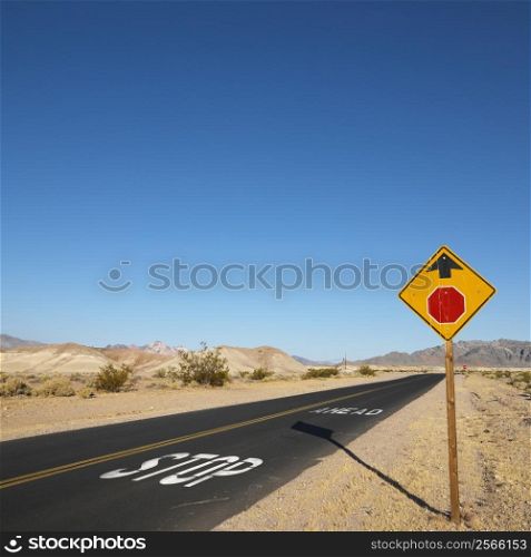 Road in desert with stop sign up ahead.