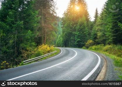 Road in forest at sunset in spring. Beautiful mountain roadway, trees with green and orange foliage. Landscape with empty asphalt winding road through woodland in autumn. Travel in Europe. Nature