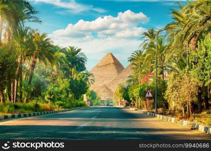 Road in Giza to the pyramids in Egypt. Road in Giza