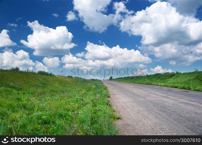 Road in green meadow. Nature composition.